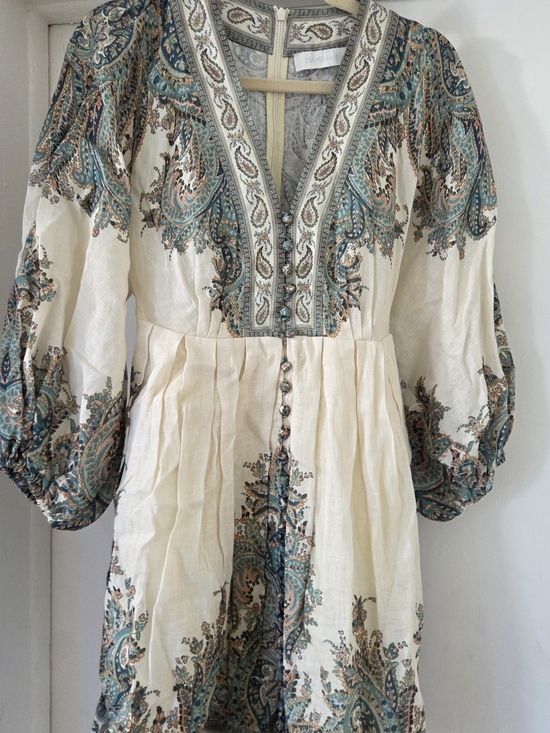 Zimmermann Dresses & Skirts - Zimmermann Cream Paisley V-Neck Long Sleeve Boho Dress with Teal Accents